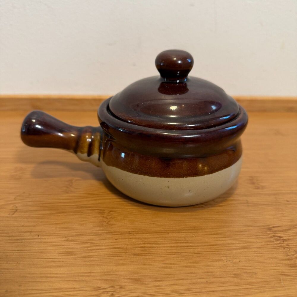 Vintage Brown Beige Stoneware Handled Casserole Crock w Lid Pottery MCM